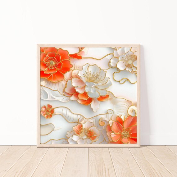 Delicate Floral Wall Artasian Art Printorange And White Flowersbotanical Illustrationcalming Home Decorcloisonne Flowers20x20