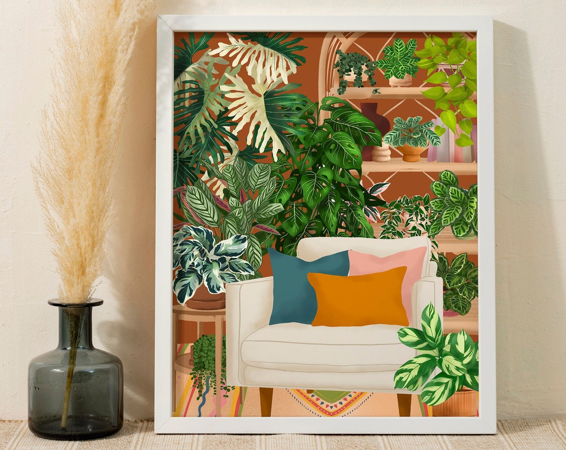 Cream Armchair with Colorful Cushions in a Lush Plant Room Poster - Image 3
