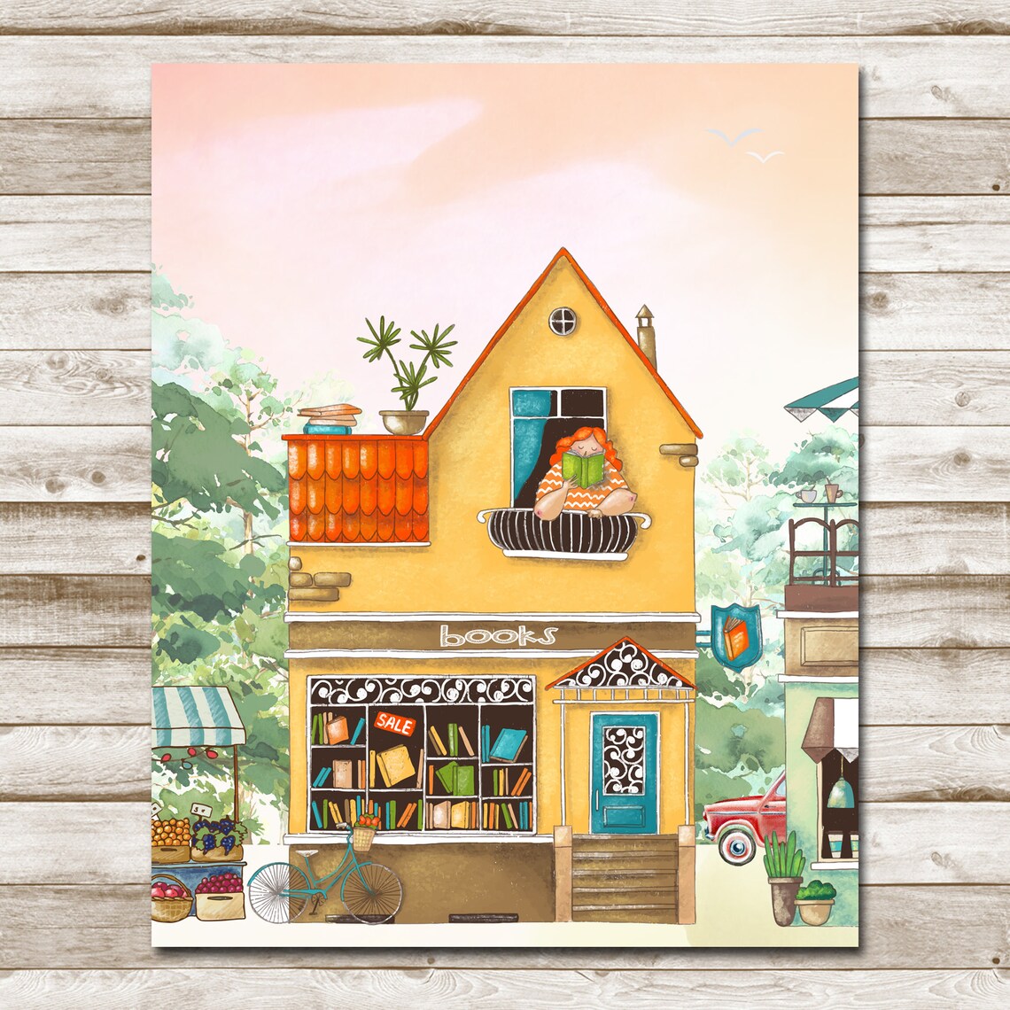Whimsical Bookshop Watercolor Reader Upstairs Window Sale Sign Book Lover Poster - Image 4