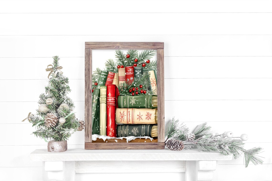 Winter Reading Holiday Books Art Print, Home Library - Image 3