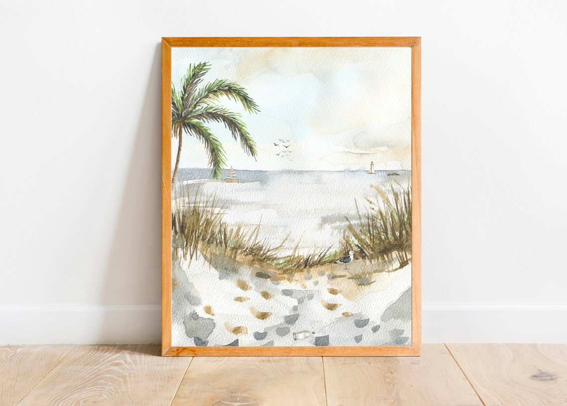 Beach Watercolor Seashore Palm Tree Seagull Sailboat Lighthouse Poster - Image 4