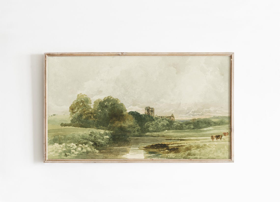 Pastoral Countryside Watercolor Meadow Cows Church Tower Poster
