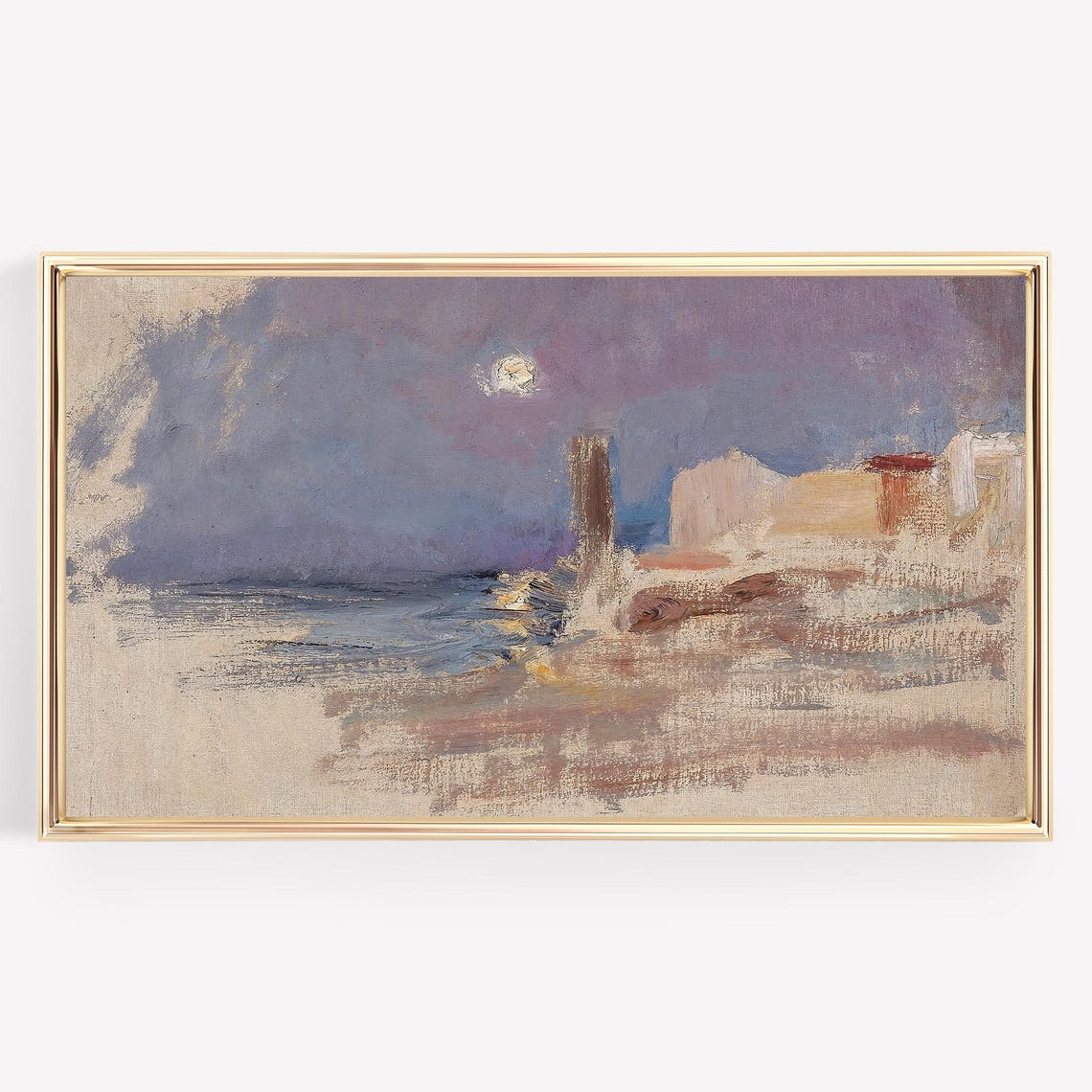 Moonlit Coastal Town Evening Impressionist Seascape Painting Poster - Image 4