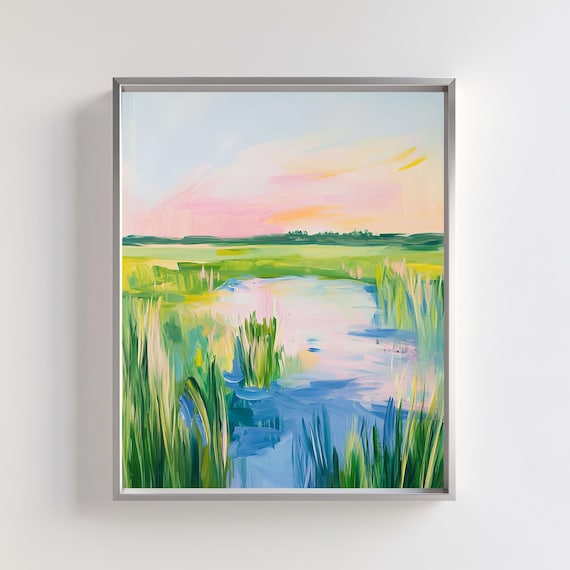 Coastal Marsh Sunset Green Wetlands Pink Sky Landscape Painting Print