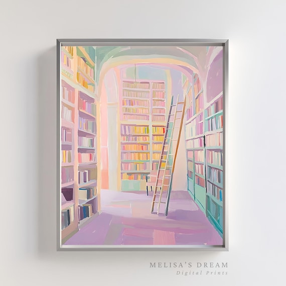 Dreamy Pastel Library Painting Bookshelves Reading Nook Print