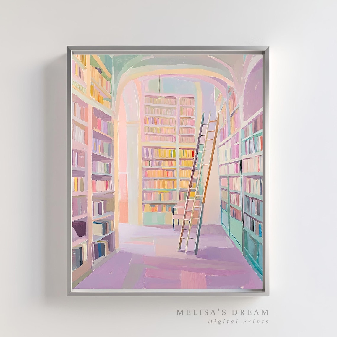 Dreamy Pastel Library Painting Bookshelves Reading Nook Print