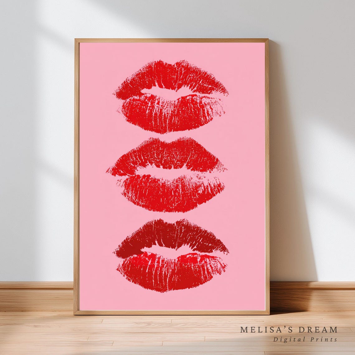 Triple Red Lipstick Kiss Prints Pink Pop Art Glam Bedroom Wall Poster