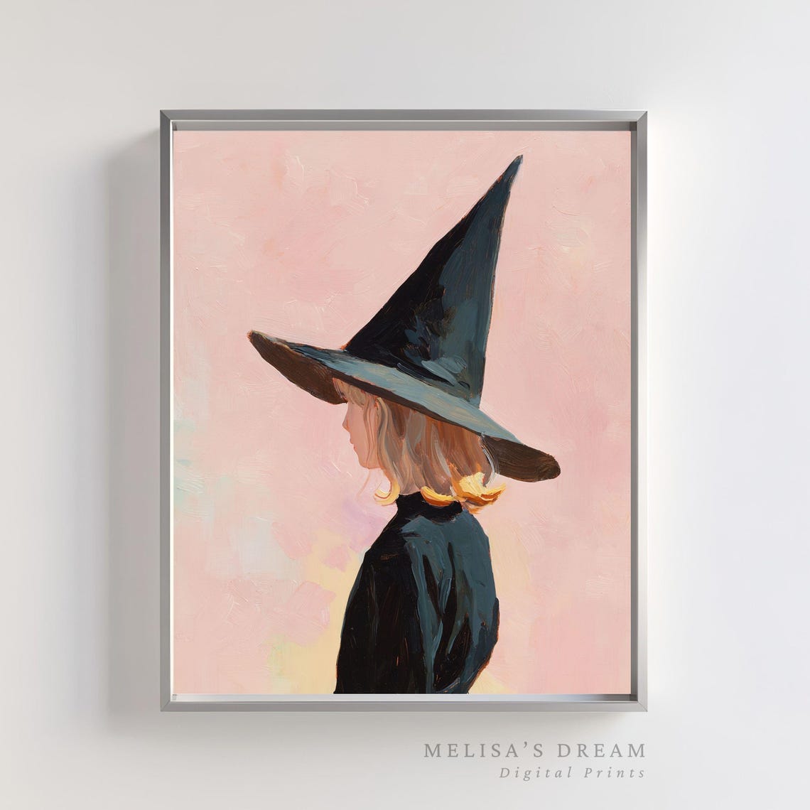 Witch Wall Art Pink Background Hat Painting Whimsical Halloween Fantasy Witchcore Room Decor