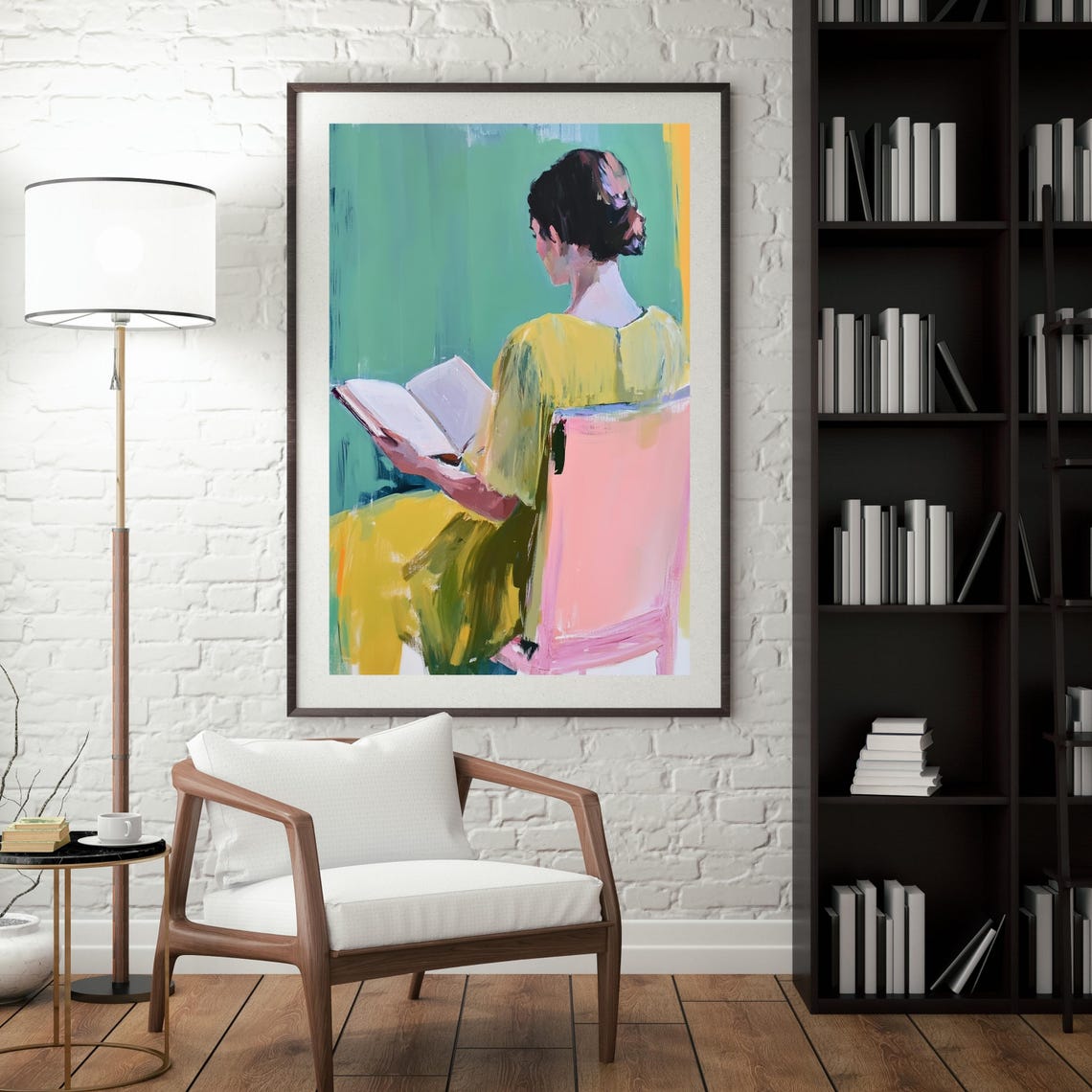 Abstract Woman Reading, Minimalist Yellow Dress Art Print - Image 2
