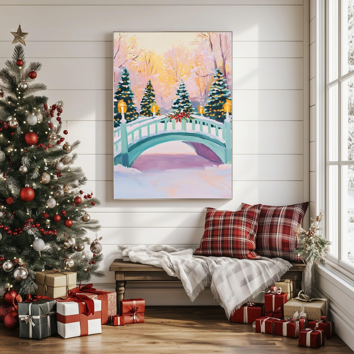 Christmas Bridge Art, Snowy Winter Wonderland Scene - Image 2