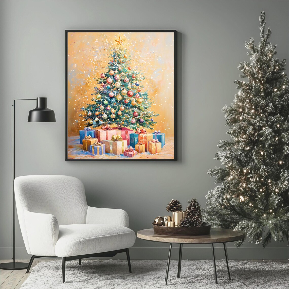Golden Christmas Tree With Star And Gifts Ornaments Art Poster - Image 3