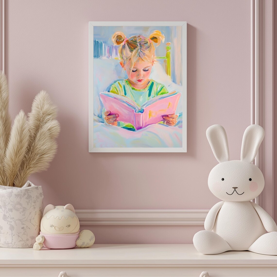 Little Girl Reading Pink Book in Bed Cozy Kids Room Art Poster - Image 3