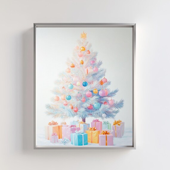 Elegant White Christmas Tree With Pastel Ornaments Gifts Art Poster
