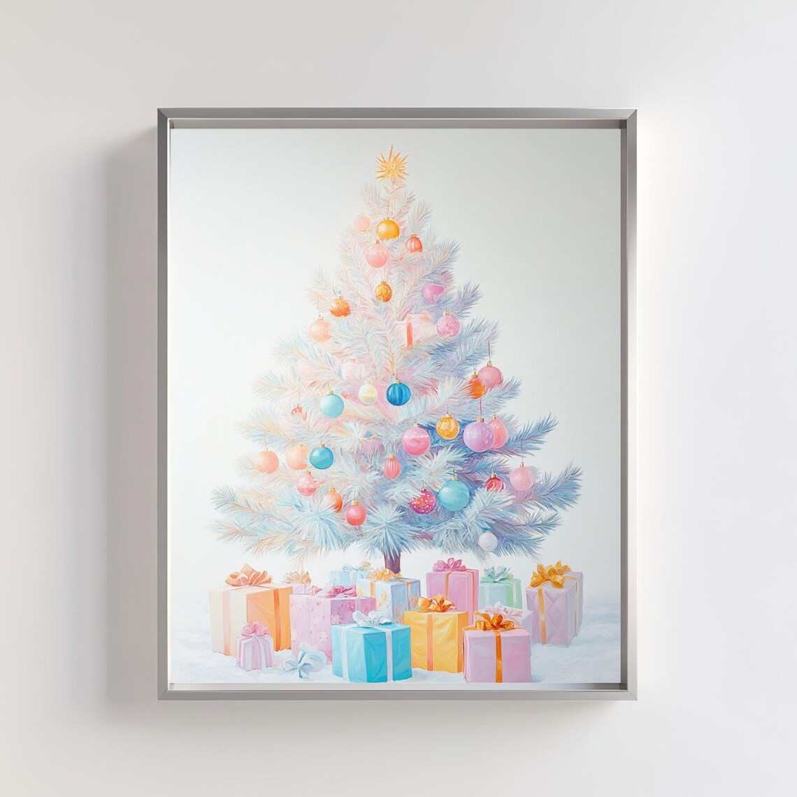 Elegant White Christmas Tree With Pastel Ornaments Gifts Art Poster