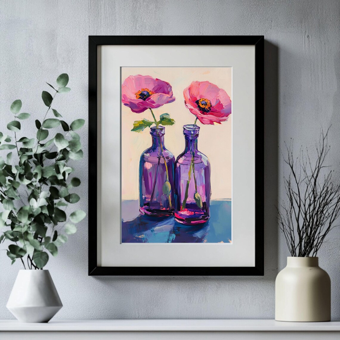 Pink Poppies In Purple Glass Bottles Vibrant Floral Still Life Poster - Image 2