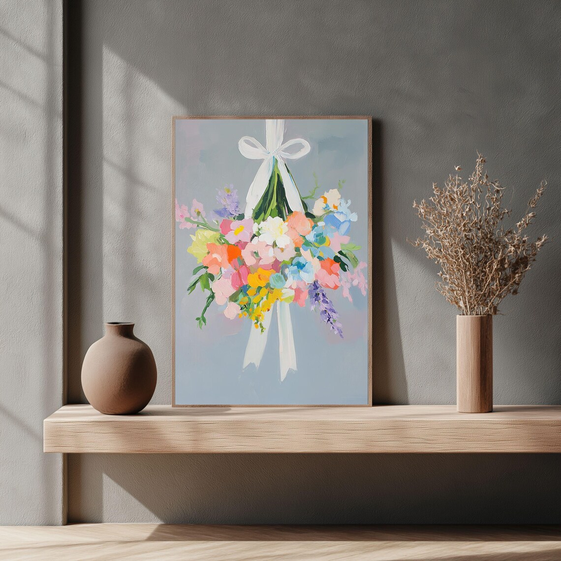 Lush Pastel Flower Bouquet Tied With White Ribbon Swag Art Poster - Image 3