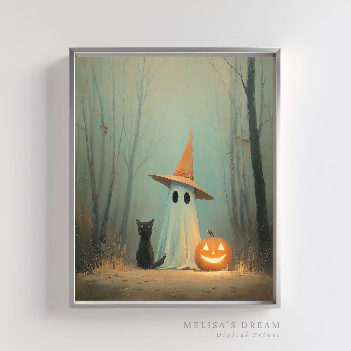 Halloween Wall Art Cat Pumpkin Spooky Forest Witch Hat Jack O Lantern Fall Decor