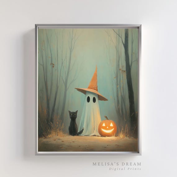 Halloween Wall Art Cat Pumpkin Spooky Forest Witch Hat Jack O Lantern Fall Decor