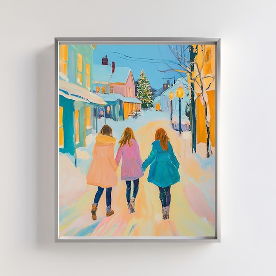 Three Girls Walking Through Snowy Christmas Town Scene Art Poster