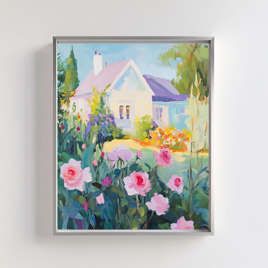 Pink Roses Blooming In Sunny Cottage Garden Summer Art Poster