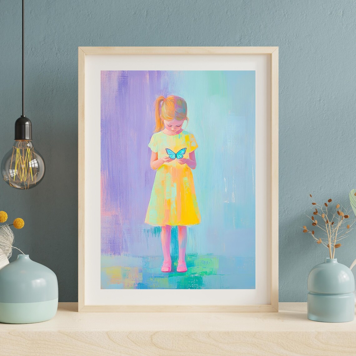 Girl in Yellow Dress Holding Blue Butterfly Pastel Art Poster - Image 3