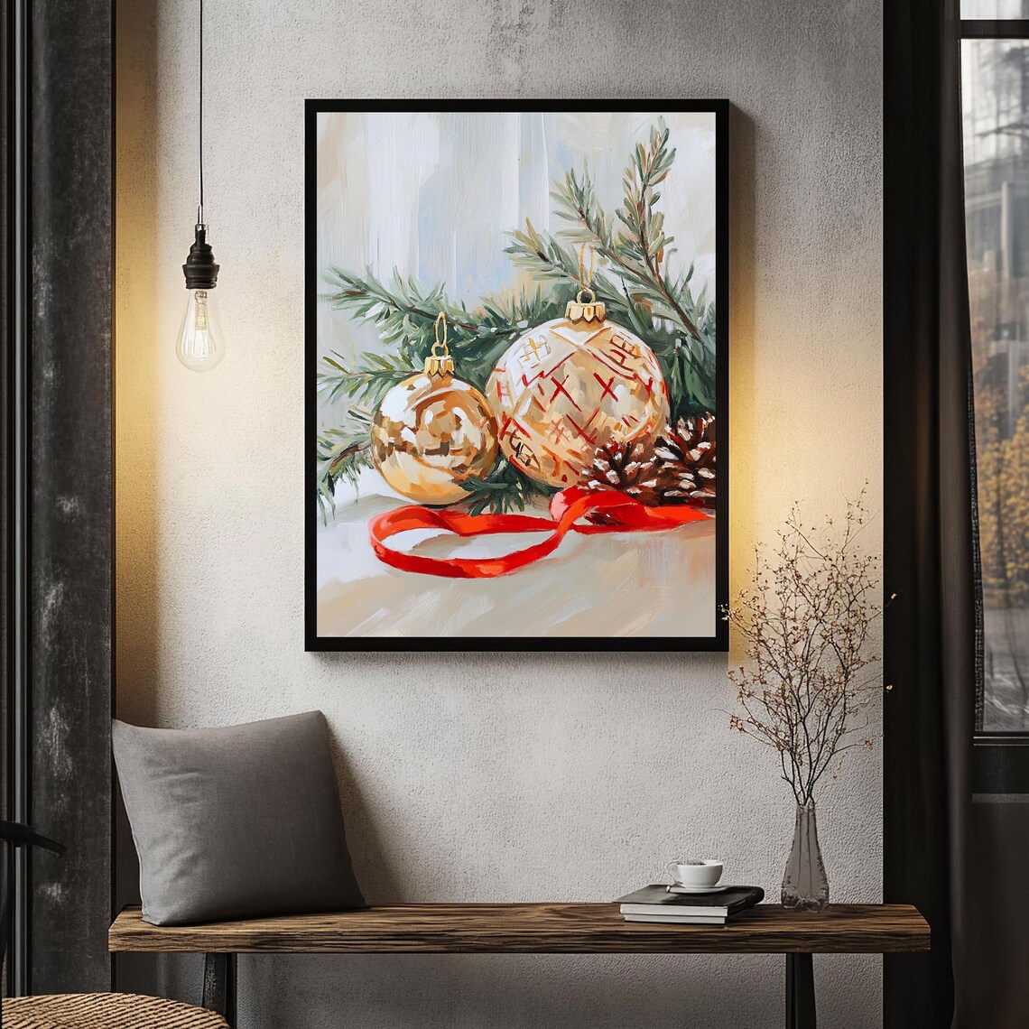 Elegant Golden Christmas Ornaments With Red Ribbon Art Poster - Image 2