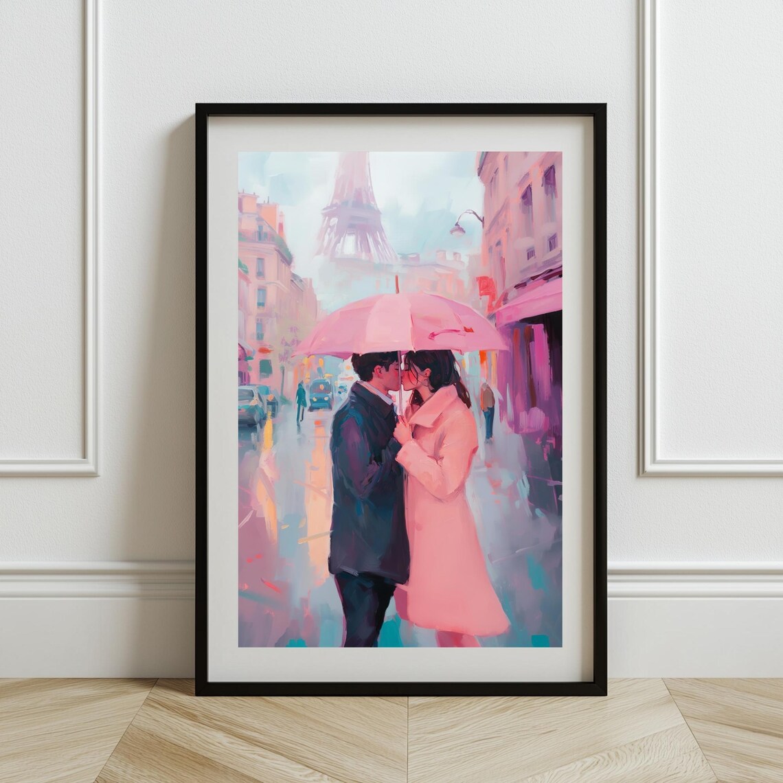 Romantic Paris Couple Kissing In Rain, Love Scene Art Print - Image 2