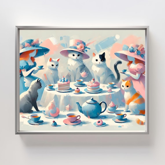 Cats Wearing Hats at a Pastel Tea Party Whimsical Animal Poster