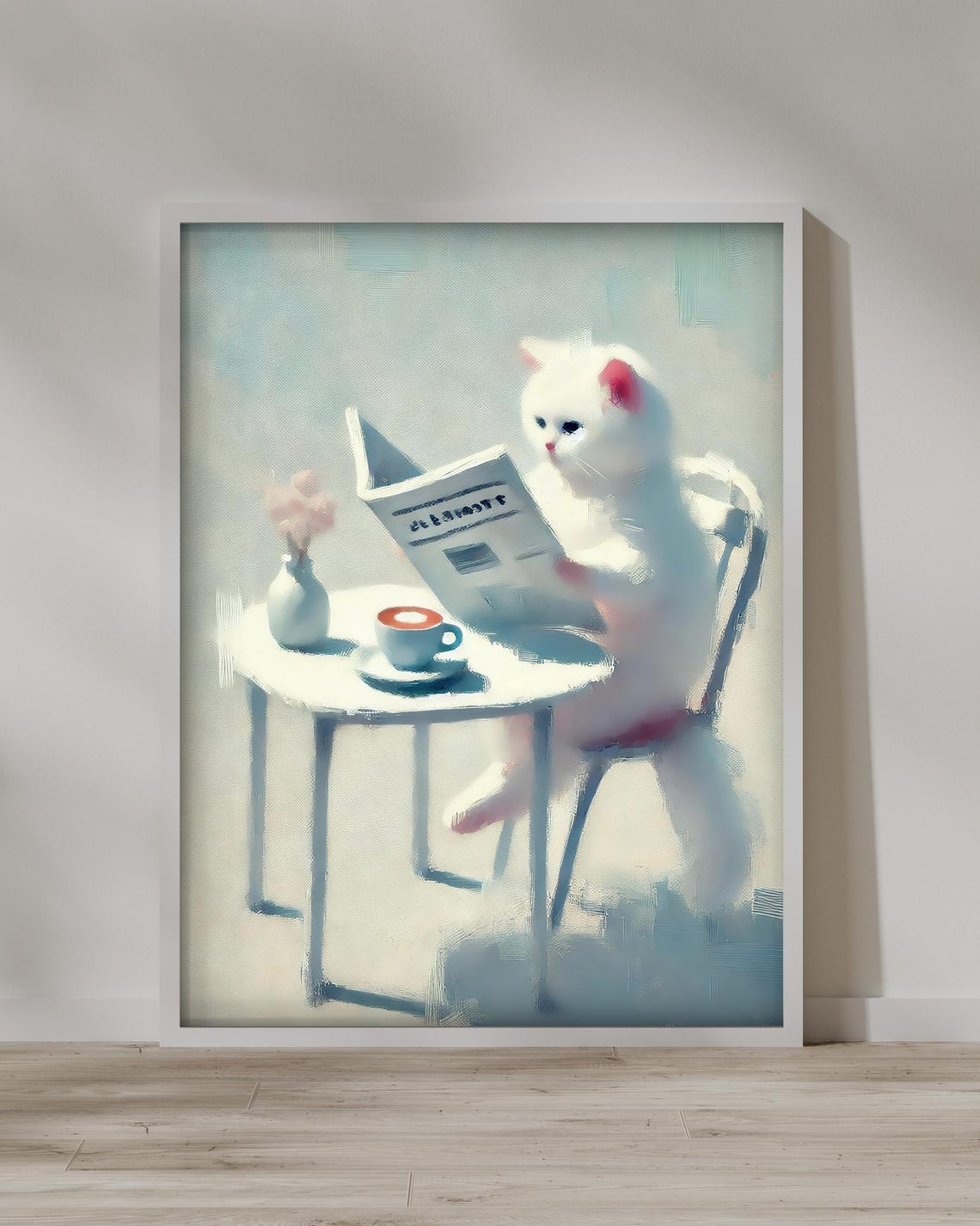 Dreamy White Cat Reading Newspaper at Blue Cafe Animal Poster - Image 2