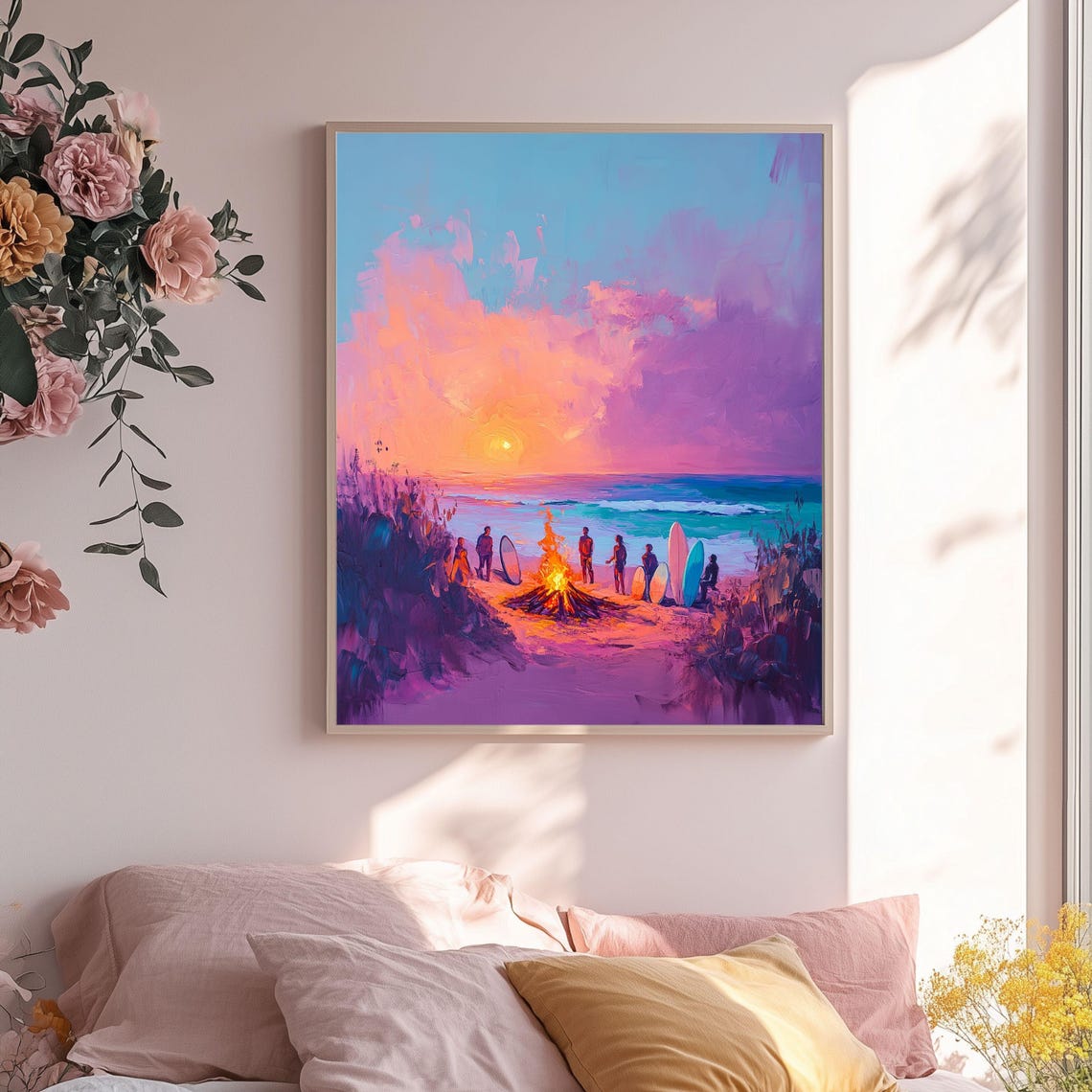 Beach Bonfire At Sunset With Surfers Vibrant Coastal Art Poster - Image 2