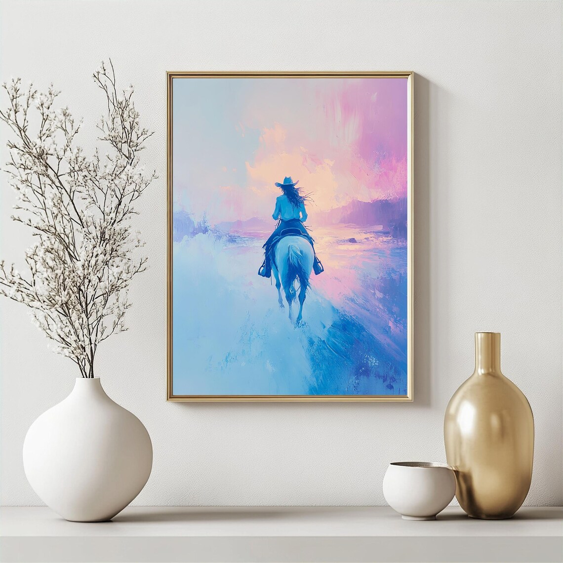 Cowgirl On Horse Art Print, Western Sunset - Image 2