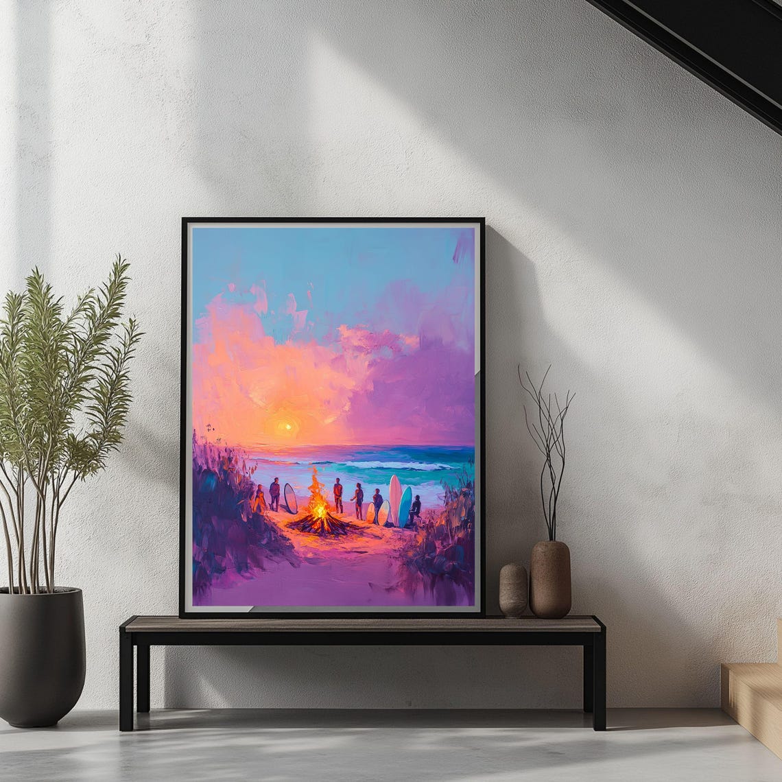 Beach Bonfire At Sunset With Surfers Vibrant Coastal Art Poster - Image 3