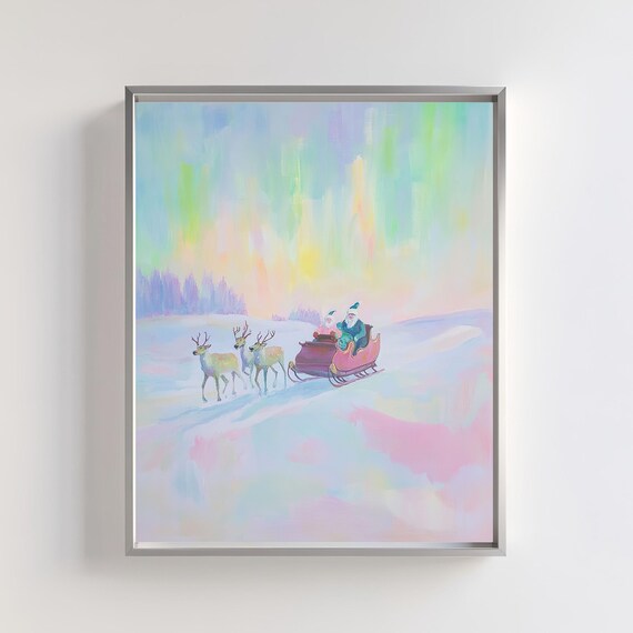 Santa Sleigh Ride With Reindeer Pastel Aurora Christmas Art Poster