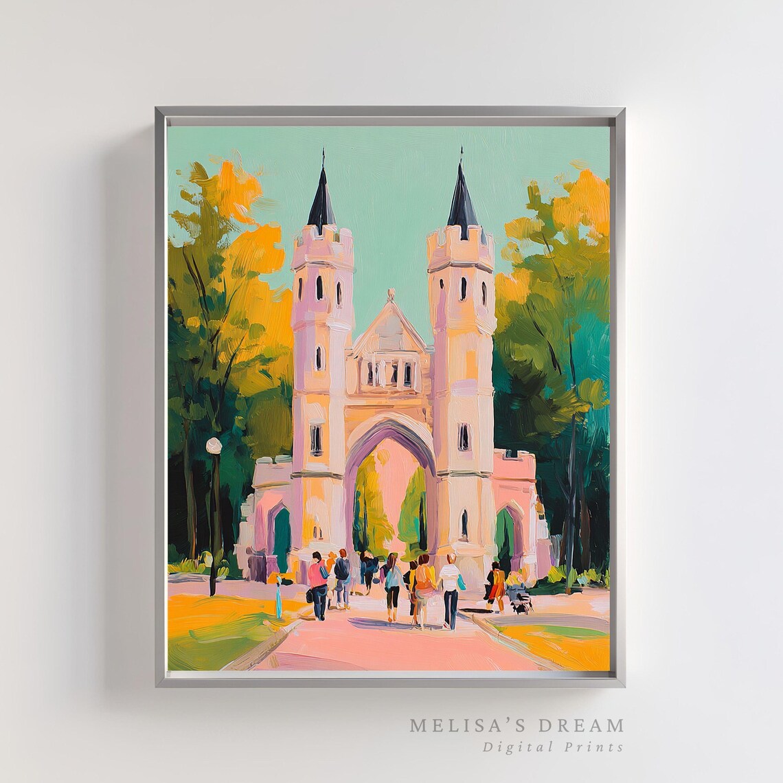 Pastel Castle Gate Wall Art Whimsical Fairytale Architecture Illustration Romantic Tower Scene Home Decor