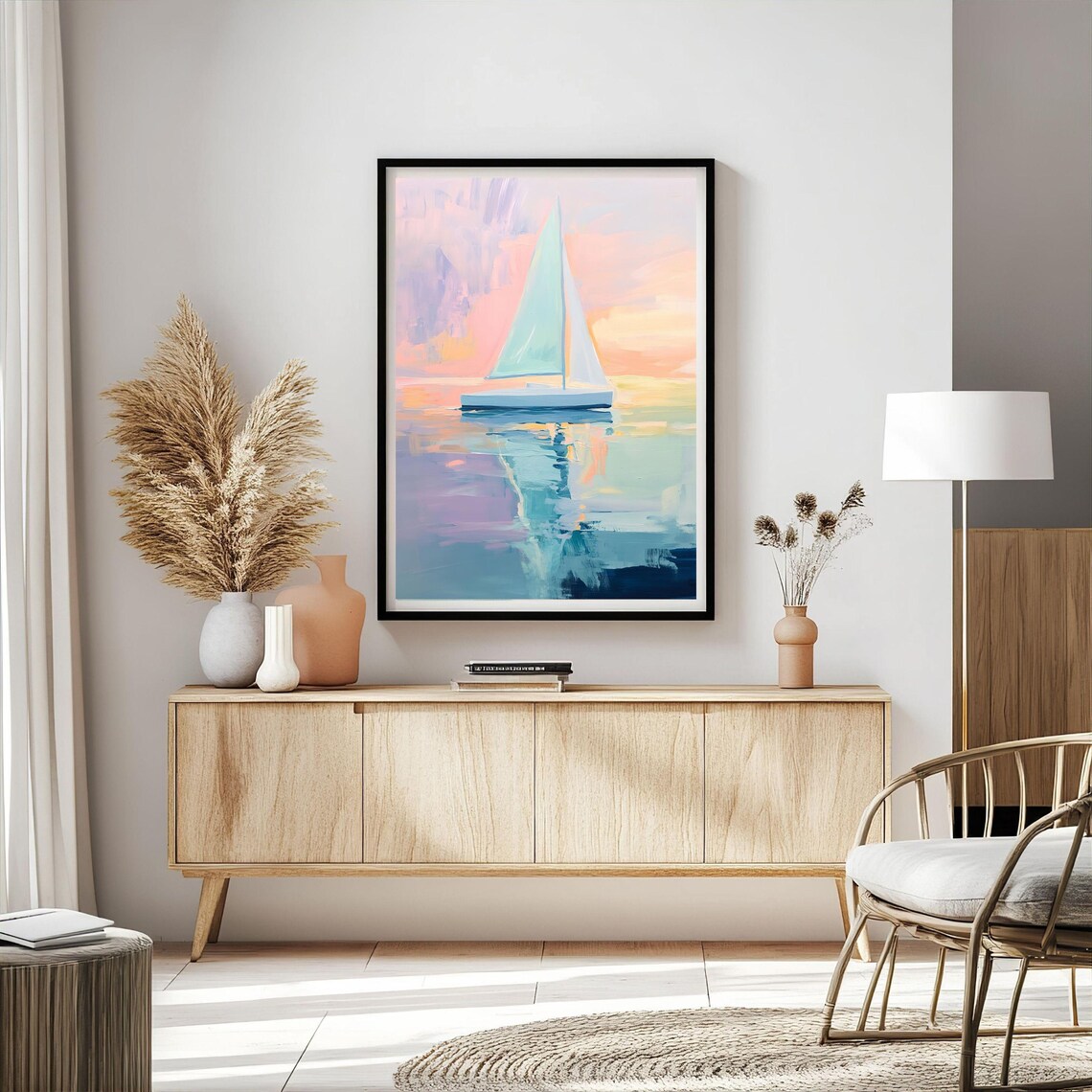 Abstract Ocean Paint Pastel Sailboat, Coastal Art - Image 4