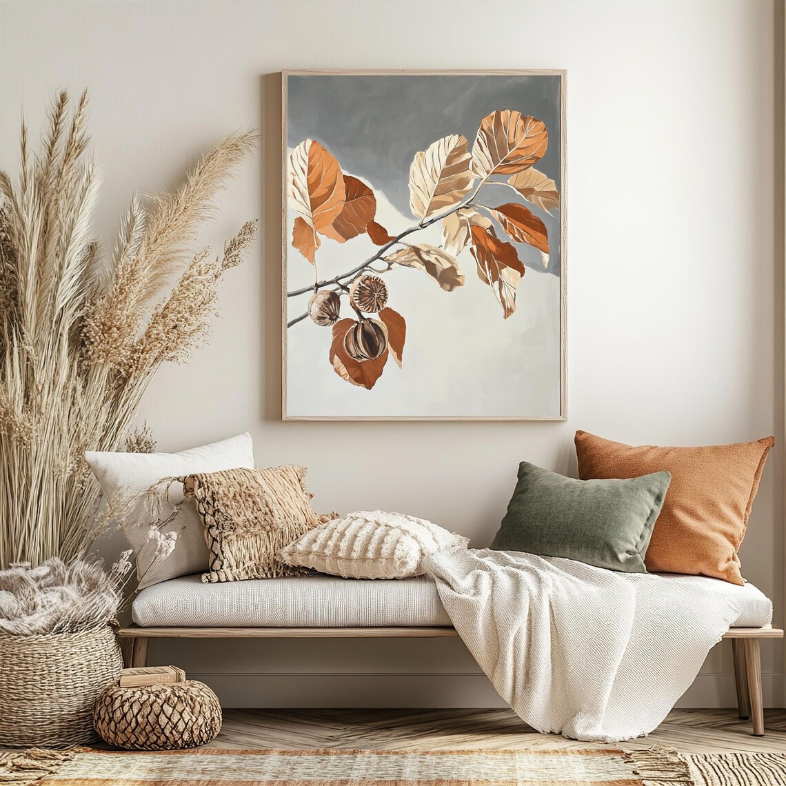 Golden Autumn Leaves Branch With Seed Pods Botanical Art Poster - Image 3