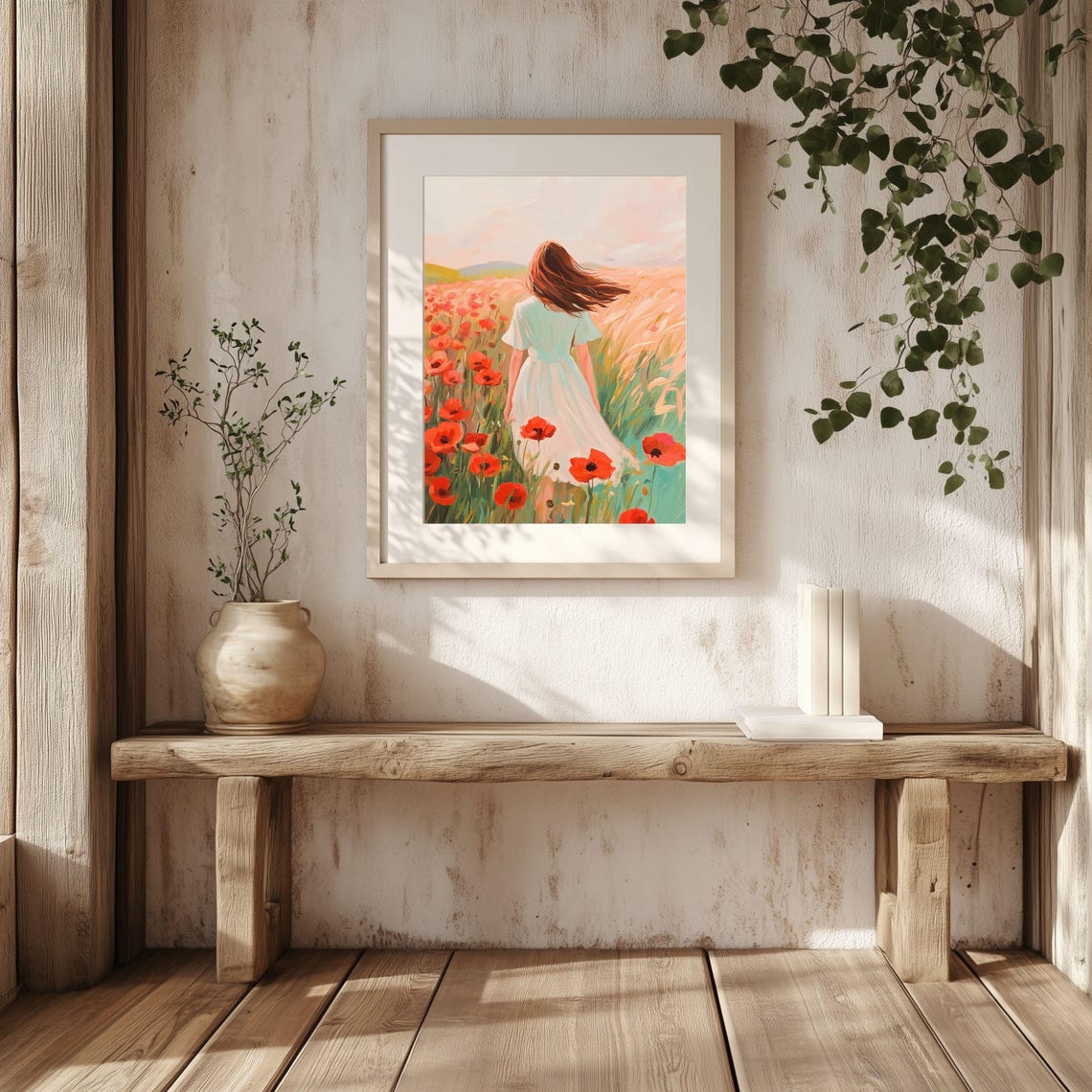 Woman Walking Through Red Poppy Field At Sunset Floral Art Poster - Image 3