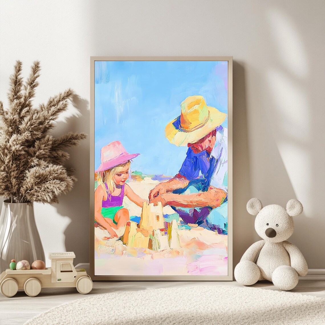 Beach Sandcastle, Grandfather And Child Scene Art Print - Image 2