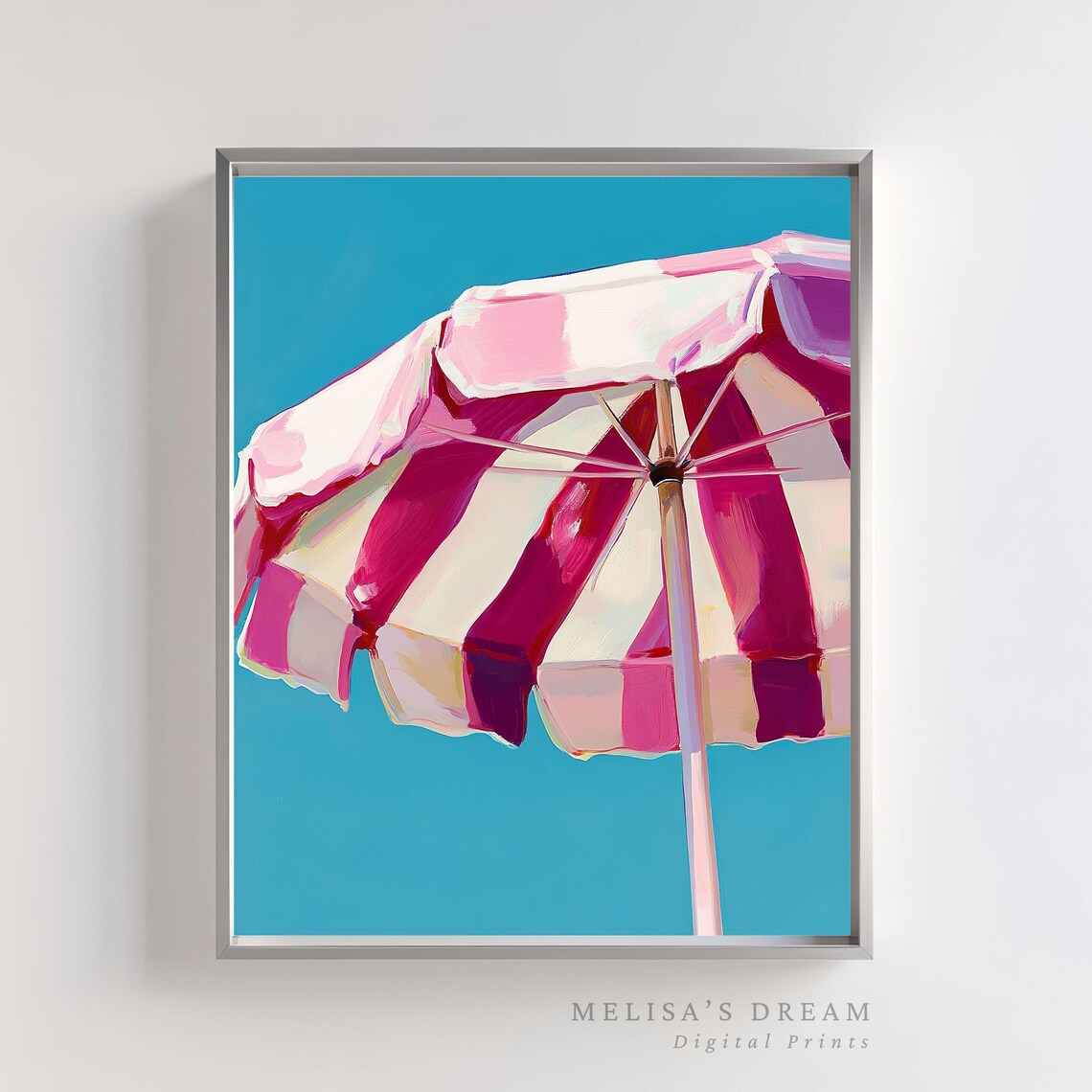 Pink Beach Umbrella Retro Summer Coastal Poster Print
