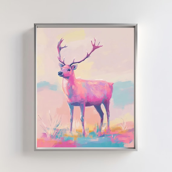 Pink Pastel Stag Deer Portrait Whimsical Wildlife Animal Art Poster