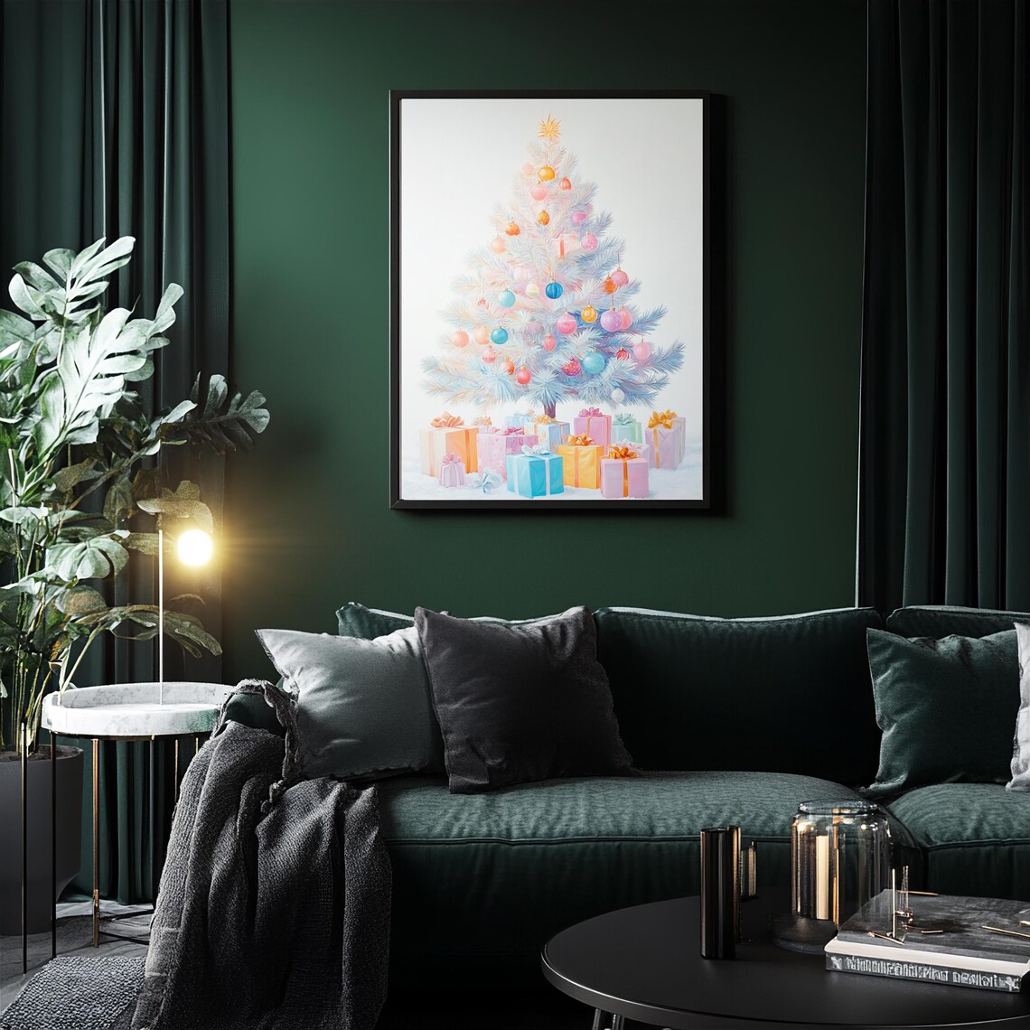 Elegant White Christmas Tree With Pastel Ornaments Gifts Art Poster - Image 3