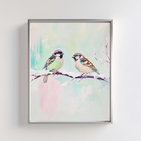 Two Sparrows On A Snowy Branch Pastel Winter Bird Art Poster