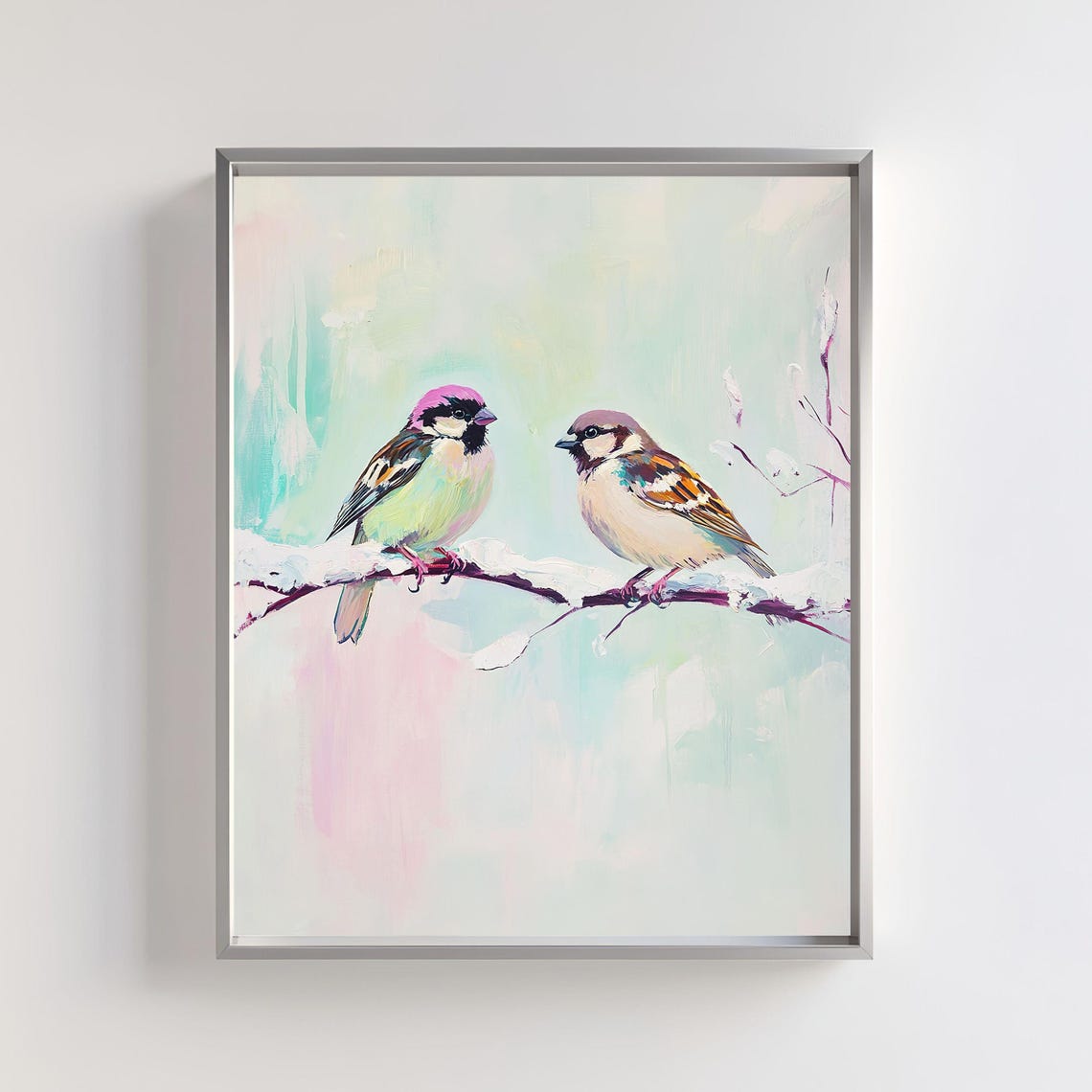 Two Sparrows On A Snowy Branch Pastel Winter Bird Art Poster