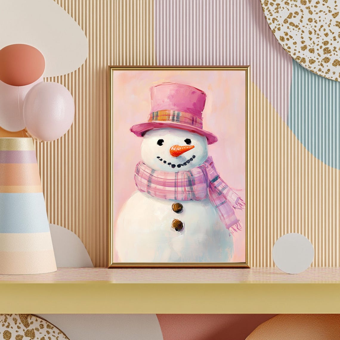 Cheerful Pink Snowman With Plaid Hat And Striped Scarf Art Poster - Image 3