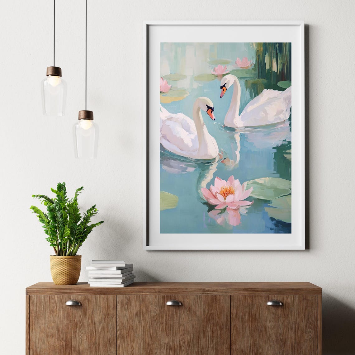Two White Swans On A Lily Pond Pastel Romantic Wildlife Art Poster - Image 2