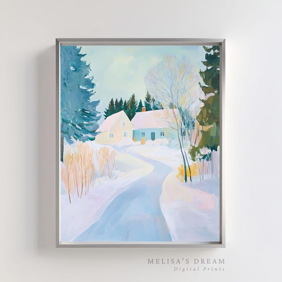 Snowy Winter Landscape Art Print Decoration Winter Farmhouse Wall Art Snowy Forest Paint Scenic Countryside Paint Winter Season Vibe