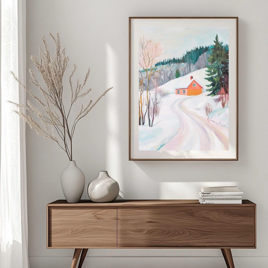 Red Cabin On A Winding Snowy Path Nordic Winter Landscape Poster - Image 2