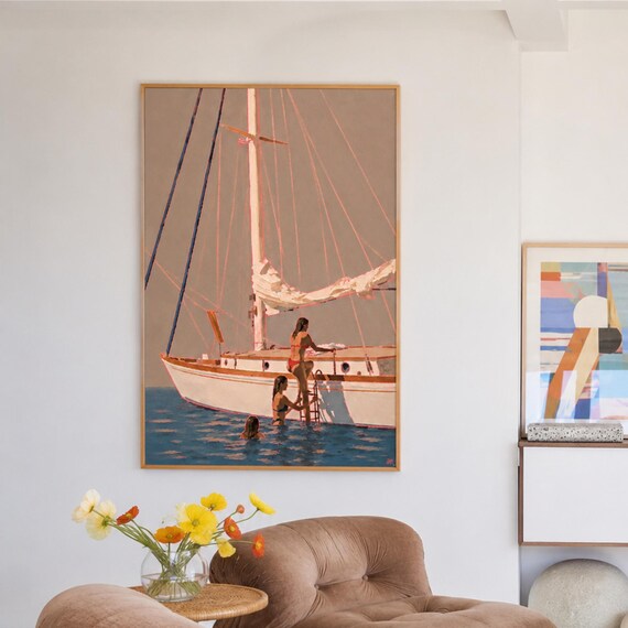 Sailboat Oil Painting Print Contemporary High Society Beach Poolside Coastal Decor Wall Art Hand Drawn Summer Mediterranean Poster