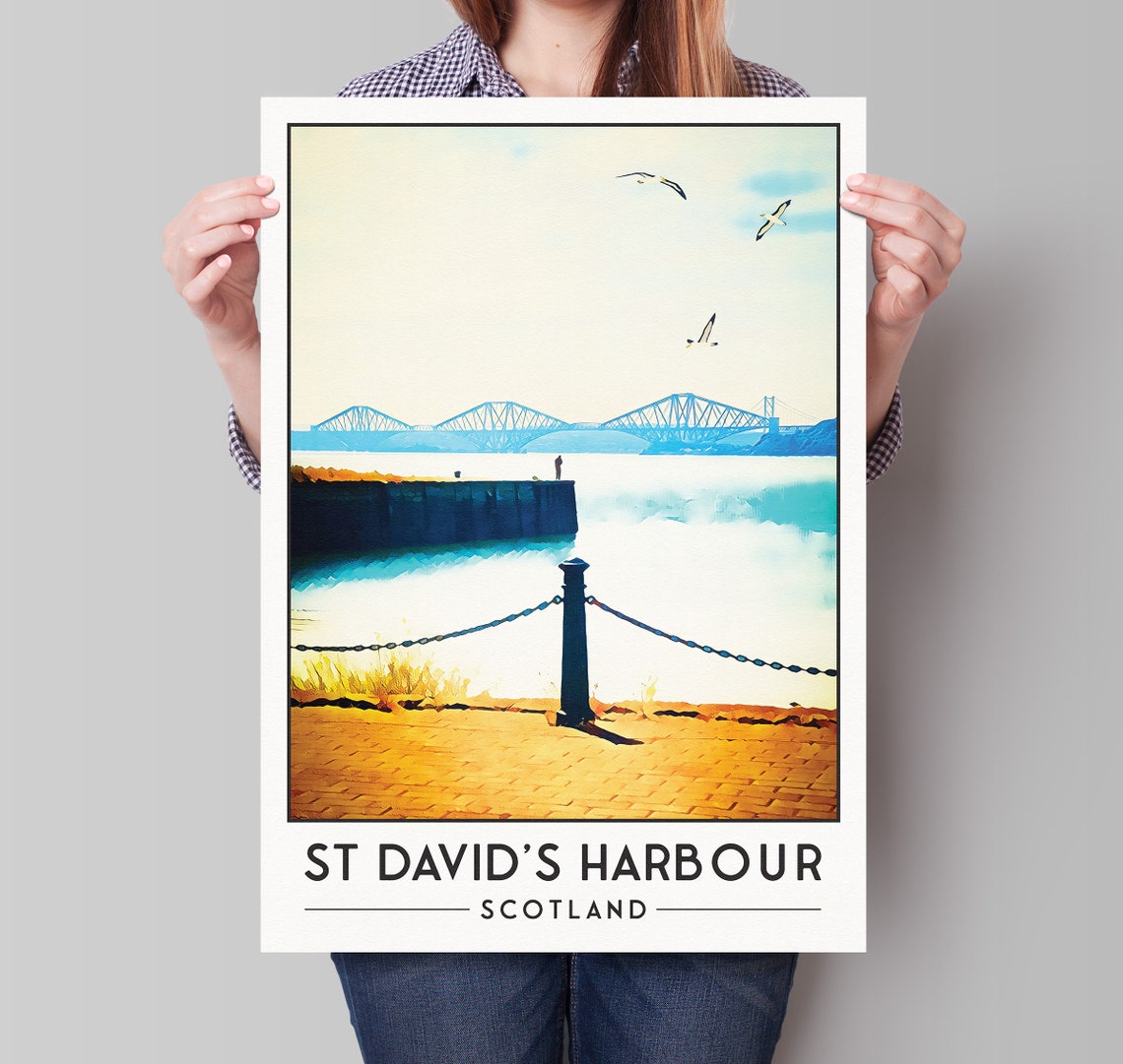 St Davids Harbour Scotland Forth Bridge Sunset Travel Poster
