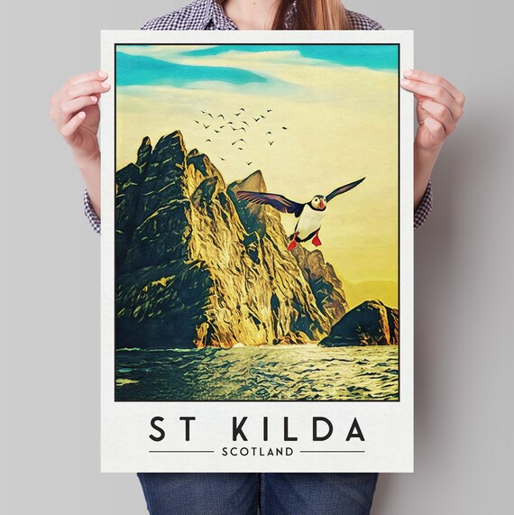 St Kilda Scotland Puffin Flying Past Sea Cliffs Travel Poster